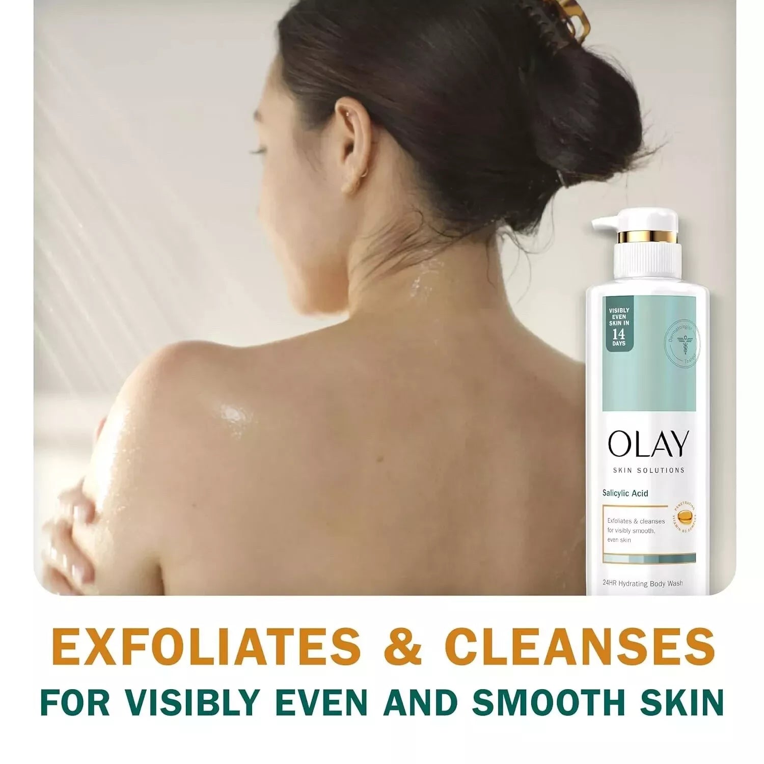 olay body wash, salicylic acid body wash, exfoliating body wash, smoothing body wash, clarifying body wash, body wash for rough skin, pore cleansing body wash, daily body cleanser, hydrating body wash, skin texture body wash, olay exfoliating wash
