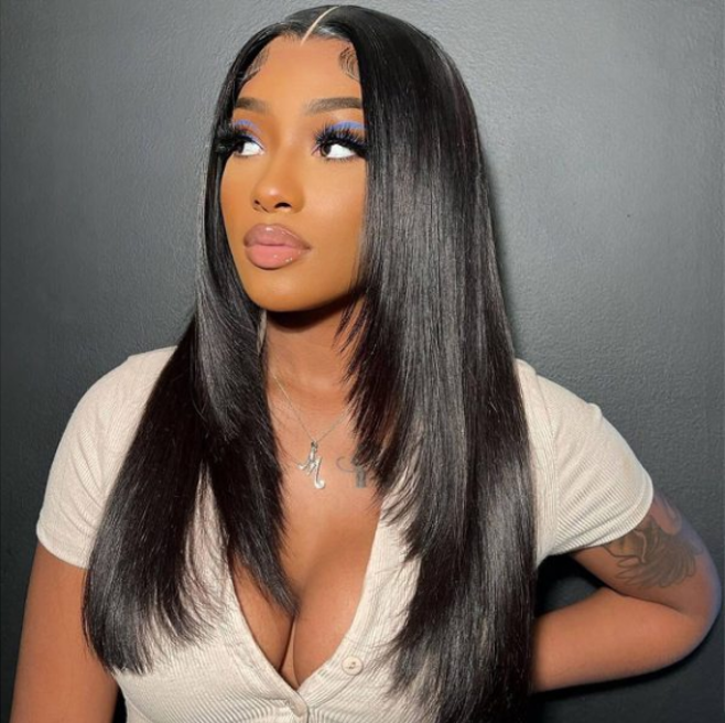 straight feathered wig, layered wig, glueless wig, sleek human hair wig, feathered hair wig, natural looking wig, straight layered wig, everyday wig, lightweight wig, women fashion wig, easy wear wig, straight hair wig