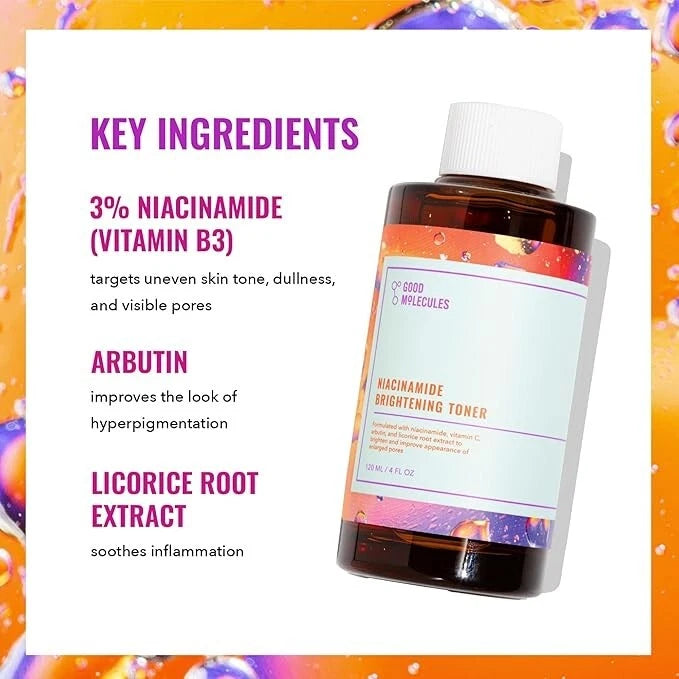 good molecules toner, niacinamide toner, brightening toner, face toner for glowing skin, pore refining toner, hydrating toner, even skin tone toner, korean skincare toner, daily facial toner, vitamin b3 toner, toner for acne prone skin, gentle face toner, skincare toner