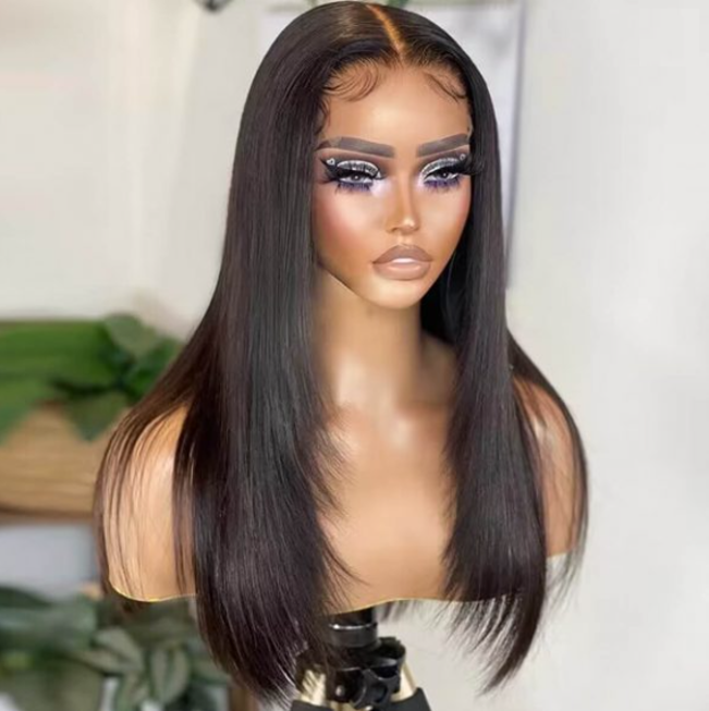 straight feathered wig, layered wig, glueless wig, sleek human hair wig, feathered hair wig, natural looking wig, straight layered wig, everyday wig, lightweight wig, women fashion wig, easy wear wig, straight hair wig
