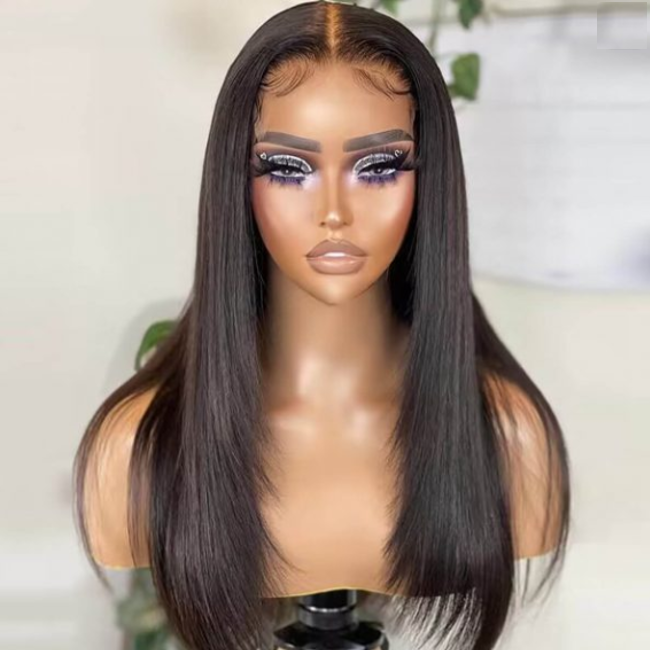 straight feathered wig, layered wig, glueless wig, sleek human hair wig, feathered hair wig, natural looking wig, straight layered wig, everyday wig, lightweight wig, women fashion wig, easy wear wig, straight hair wig