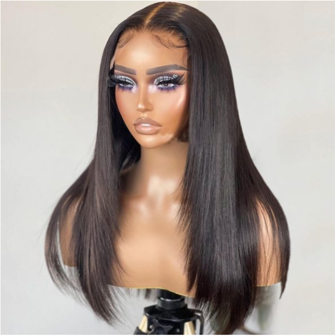 straight feathered wig, layered wig, glueless wig, sleek human hair wig, feathered hair wig, natural looking wig, straight layered wig, everyday wig, lightweight wig, women fashion wig, easy wear wig, straight hair wig