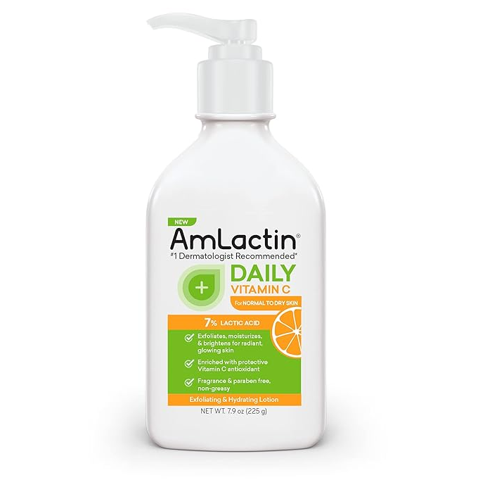 AmLactin Vitamin C Lotion - 7.9 oz bottle with pump, white and orange label, moisturizing lotion for smooth, radiant skin.