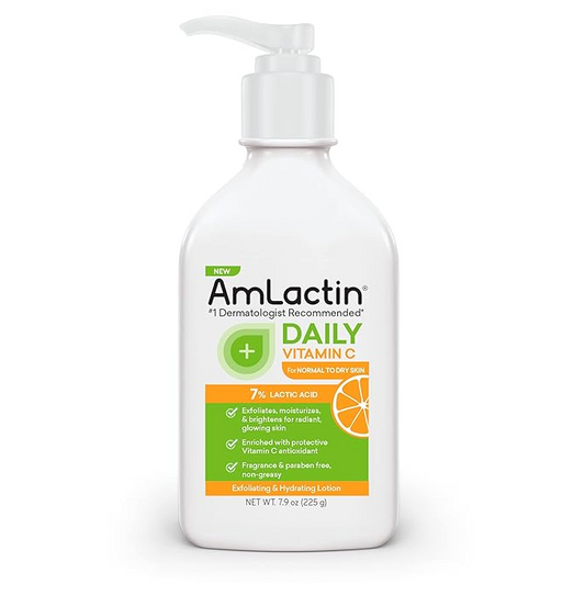 AmLactin Vitamin C Lotion - 7.9 oz bottle with pump, white and orange label, moisturizing lotion for smooth, radiant skin.