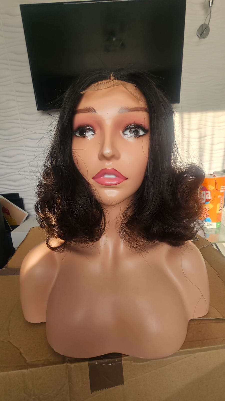 Brown Tip Bouncy Curls Human Hair Blend Wig 14 Inches