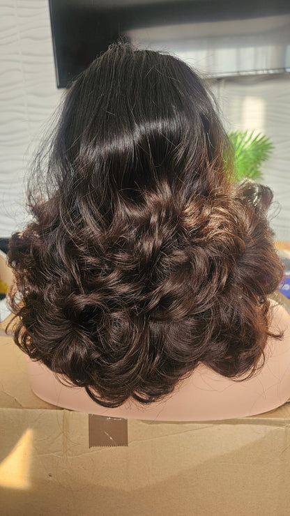 brown tip wig, curly wig 14 inch, bouncy curls wig, human hair blend wig, short curly wig, ombre curly wig, natural looking wig, curly hair wig, voluminous wig, fashion wig, everyday wig, women curly wig