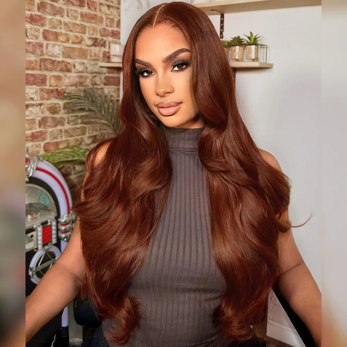 body wave wig, copper brown wig, glueless wig, wavy wig, natural looking wig, everyday wig, women wave wig, lightweight wig, fashion wig, soft wave wig, human hair wig, body wave hair wig