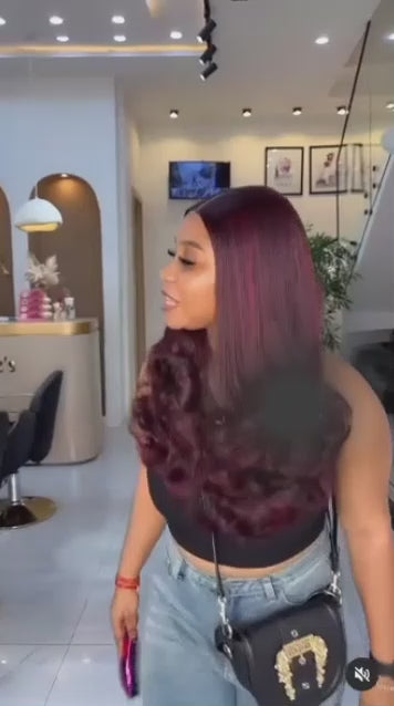 Burgundy Bouncy Curls Human Hair Blend Wig 22 Inches