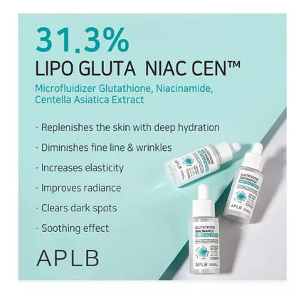 aplb glutathione serum, niacinamide serum, brightening face serum, even skin tone serum, korean skincare, ampoule serum, dark spot serum, hyperpigmentation serum, hydrating facial serum, skincare for glowing skin, vitamin b3 serum, centella asiatica serum, facial brightening serum, daily face serum