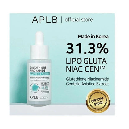 aplb glutathione serum, niacinamide serum, brightening face serum, even skin tone serum, korean skincare, ampoule serum, dark spot serum, hyperpigmentation serum, hydrating facial serum, skincare for glowing skin, vitamin b3 serum, centella asiatica serum, facial brightening serum, daily face serum
