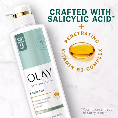 olay body wash, salicylic acid body wash, exfoliating body wash, smoothing body wash, clarifying body wash, body wash for rough skin, pore cleansing body wash, daily body cleanser, hydrating body wash, skin texture body wash, olay exfoliating wash