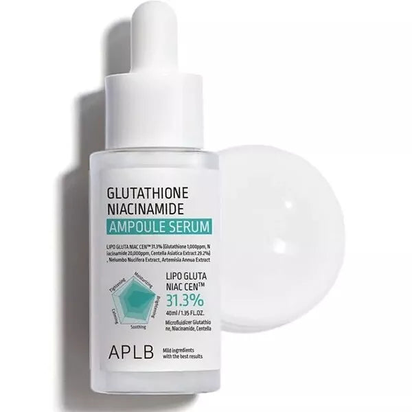 aplb glutathione serum, niacinamide serum, brightening face serum, even skin tone serum, korean skincare, ampoule serum, dark spot serum, hyperpigmentation serum, hydrating facial serum, skincare for glowing skin, vitamin b3 serum, centella asiatica serum, facial brightening serum, daily face serum