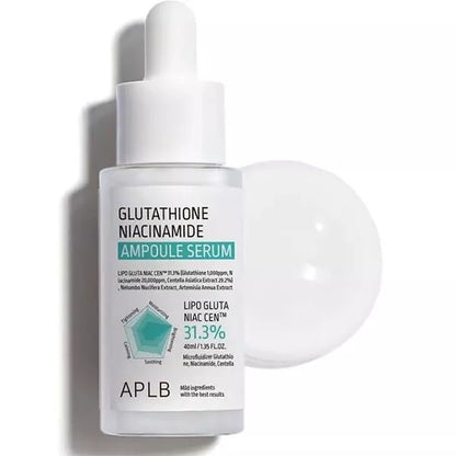 aplb glutathione serum, niacinamide serum, brightening face serum, even skin tone serum, korean skincare, ampoule serum, dark spot serum, hyperpigmentation serum, hydrating facial serum, skincare for glowing skin, vitamin b3 serum, centella asiatica serum, facial brightening serum, daily face serum
